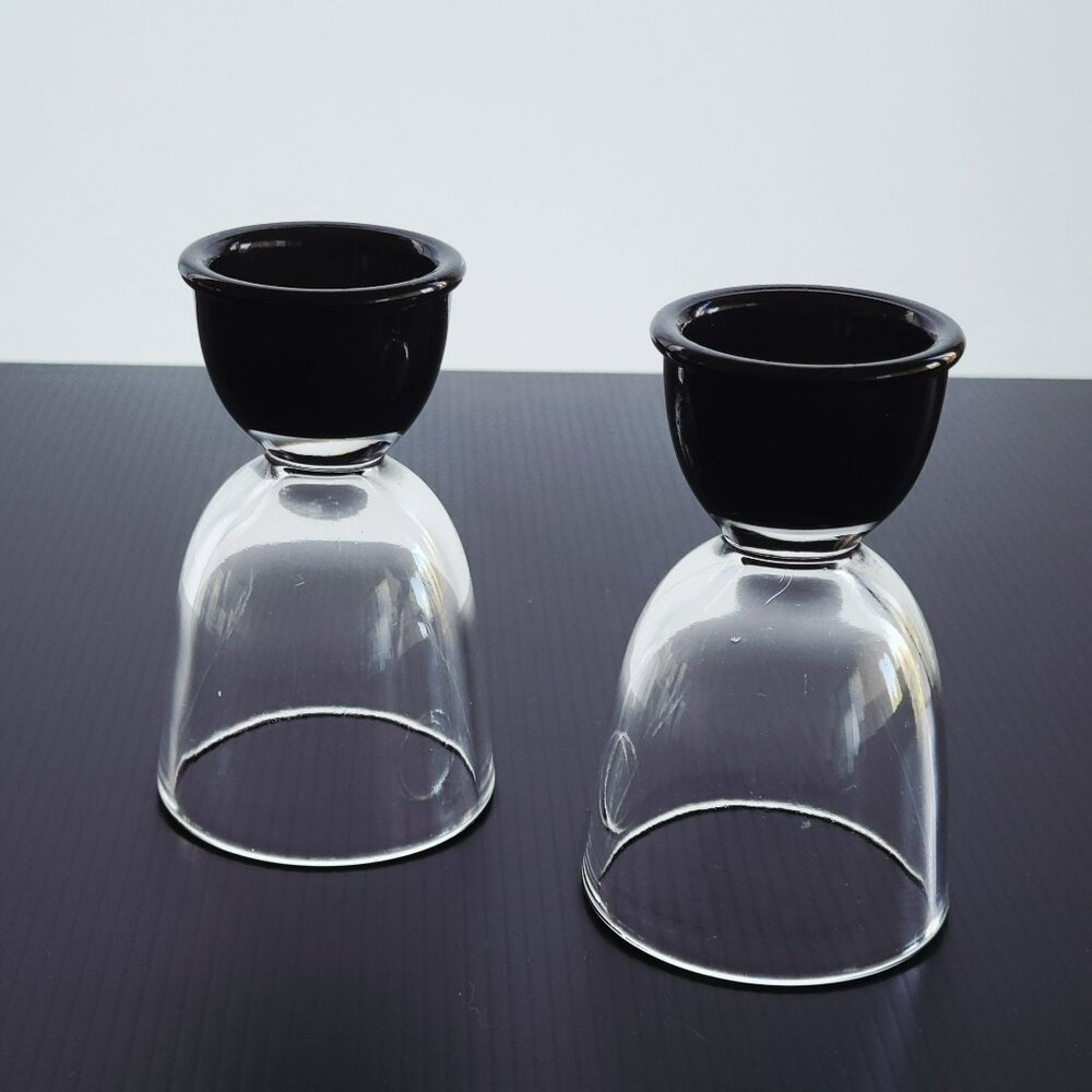Vintage Double Egg Cup Set of 2, Black & Clear Glass, Large 4.5 Size, Minimalist - Picture 3 of 8